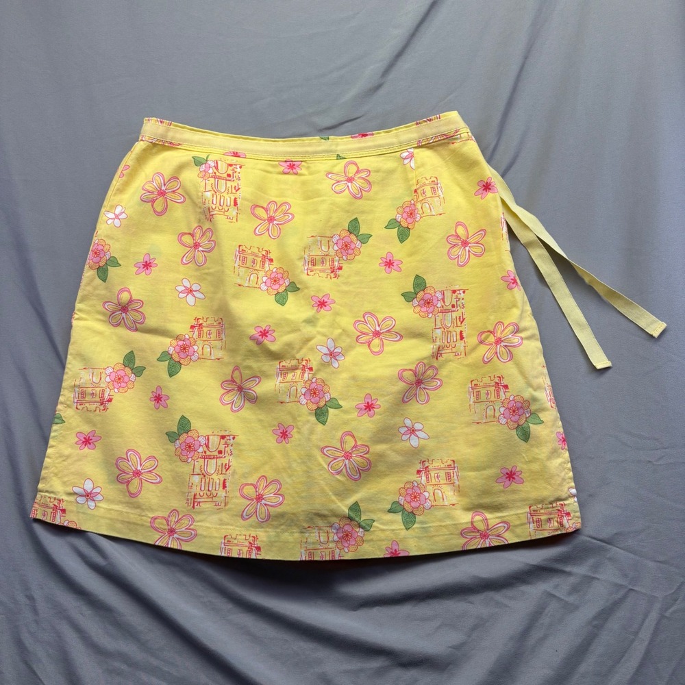 Karen Scott Sport Yellow Floral Building Print Cotton Wrap Mini Skirt Petite 10P